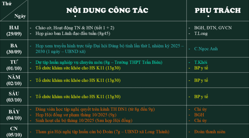 Lịch công tác tuần 4 (29/09-05/10)